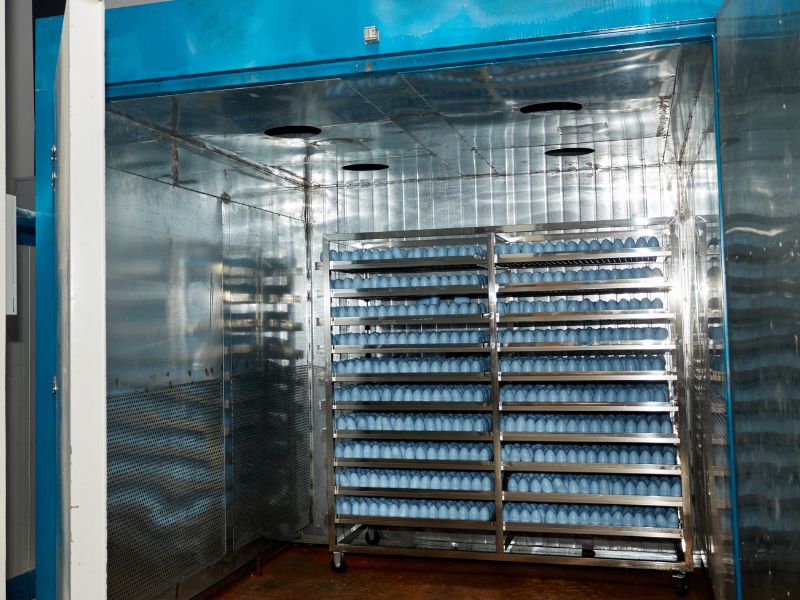 Producción en masa de esponjas de maquillaje ergonómicas en forma de huevo ideales para difuminar la base sin esfuerzo.